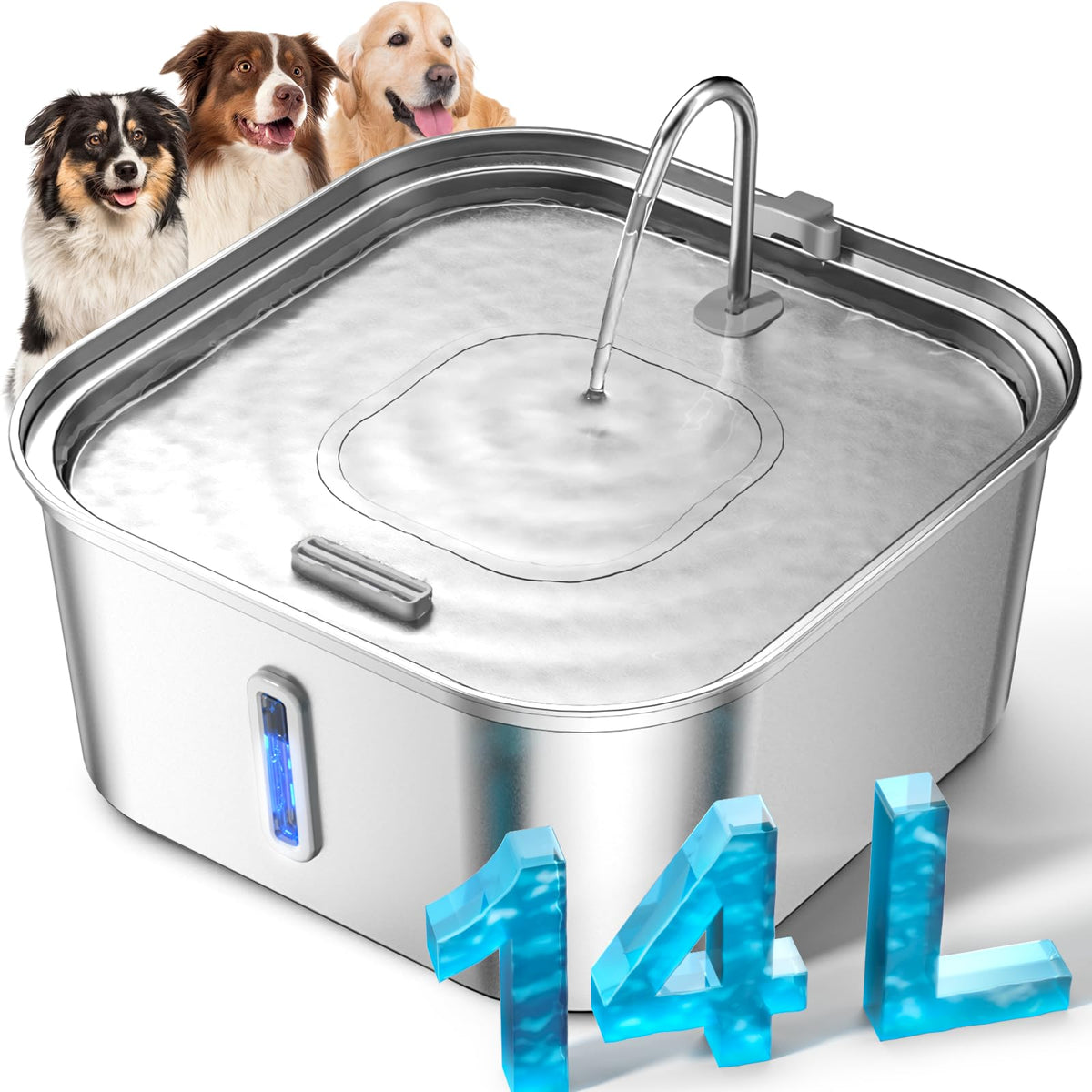 MAILOFY Large Dog Water Fountain 14L with visible window for easy water level check.
