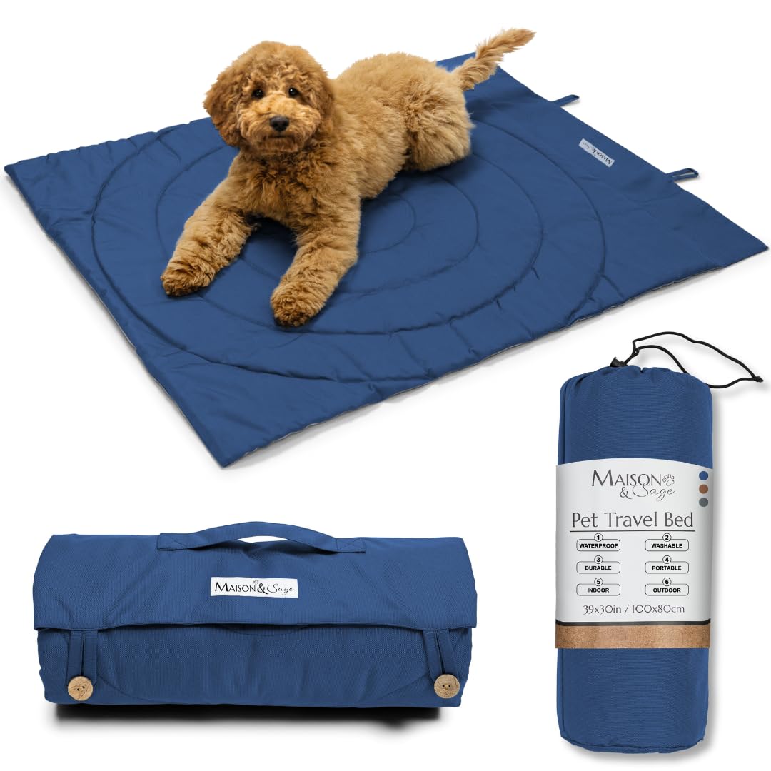 Maison & Sage dog travel mat folded beside a car for travel comfort
