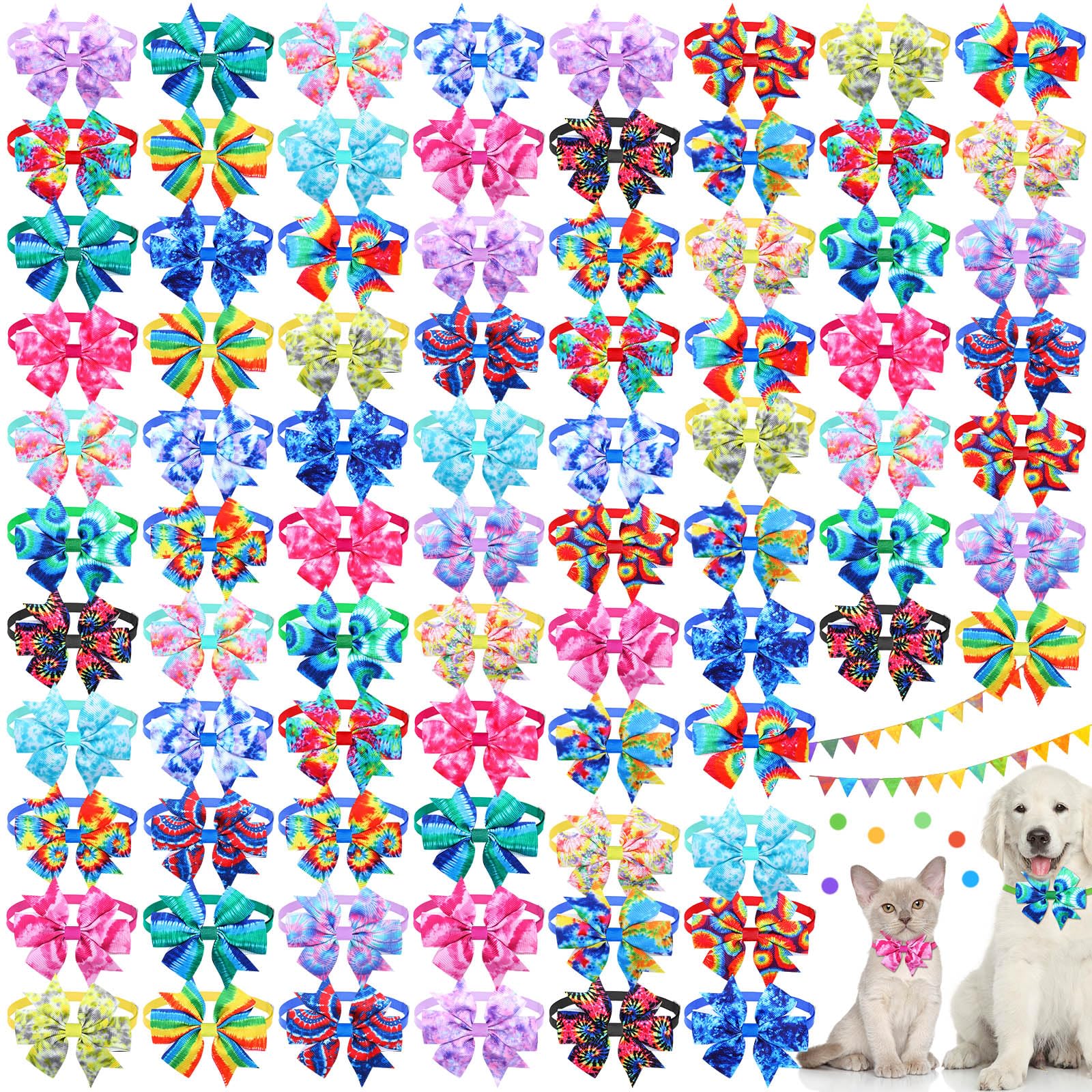 Maitys puppy bowties tie-dye collection adds colorful flair to your dog's summer outfits.