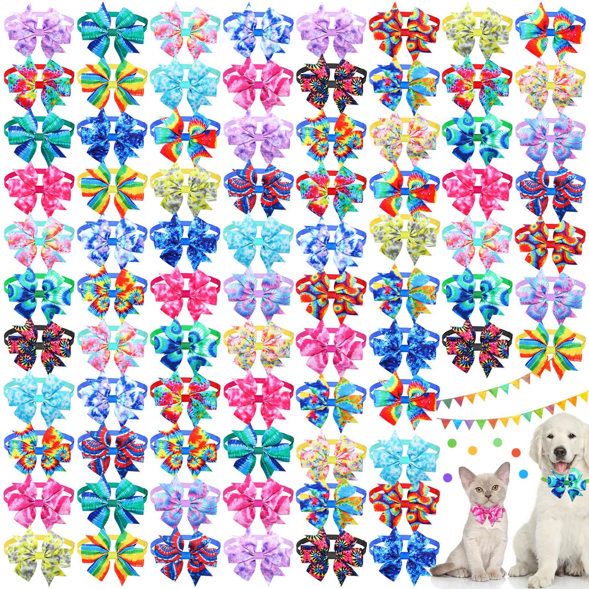 Maitys puppy bowties tie-dye collection adds colorful flair to your dog's summer outfits.