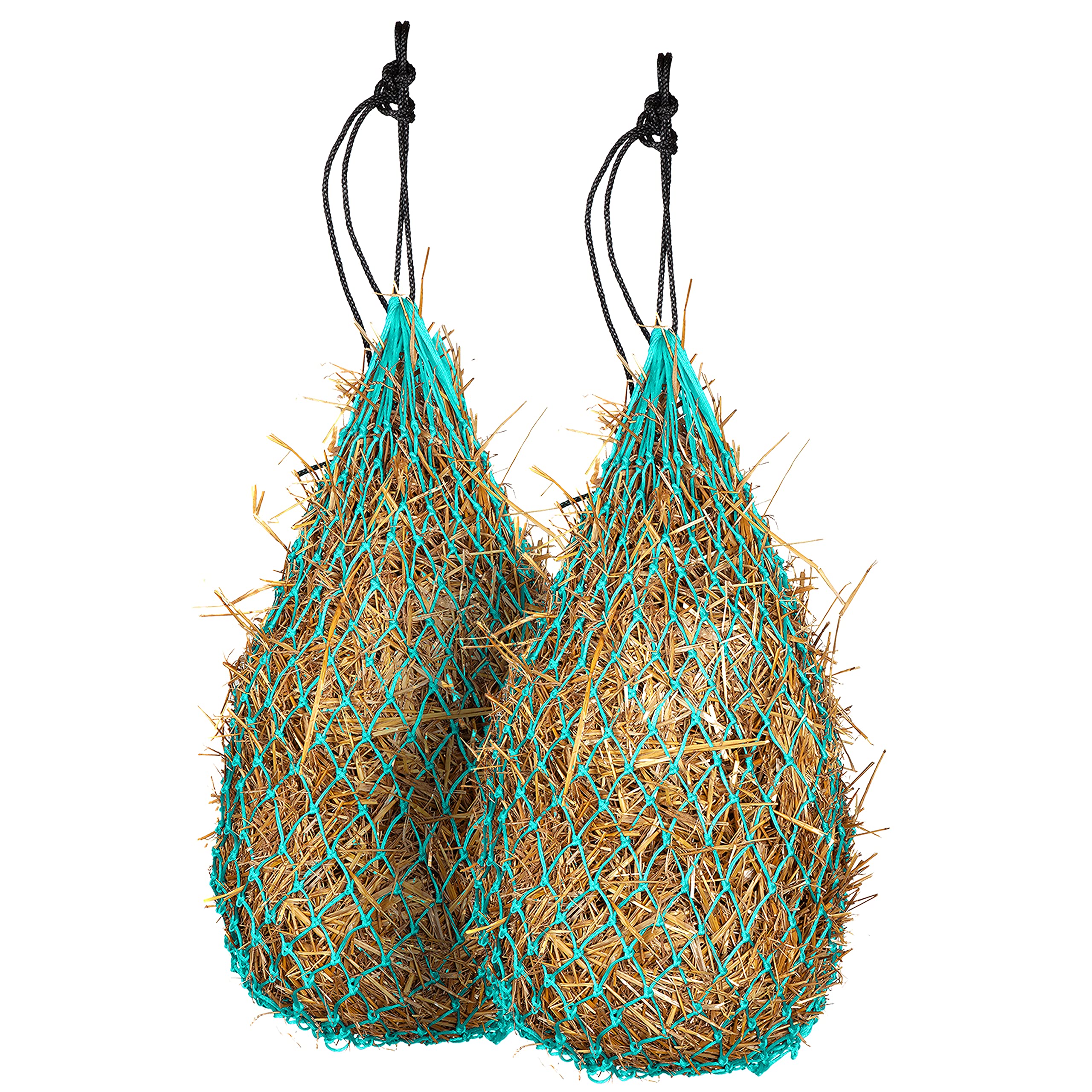 Majestic Ally 42-inch turquoise hay net for horses, slow-feeder helps regulate intake and minimize waste.