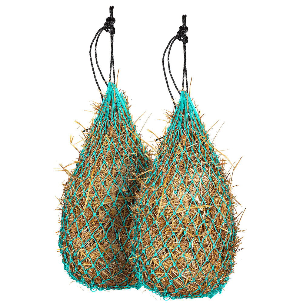 Majestic Ally 42-inch turquoise hay net for horses, slow-feeder helps regulate intake and minimize waste.