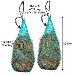 Majestic Ally twin-pack hay nets in turquoise, reduces waste and simplifies feeding