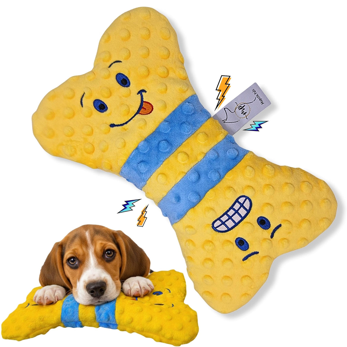 Majestic Pals Crinkle Dog Toy with squeaker and yellow bone for interactive play