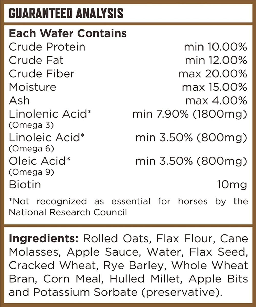 Close-up of Majesty's Omega Wafers formula with molasses, oats, and apple sauce.
