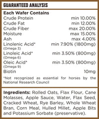 Close-up of Majesty's Omega Wafers formula with molasses, oats, and apple sauce.