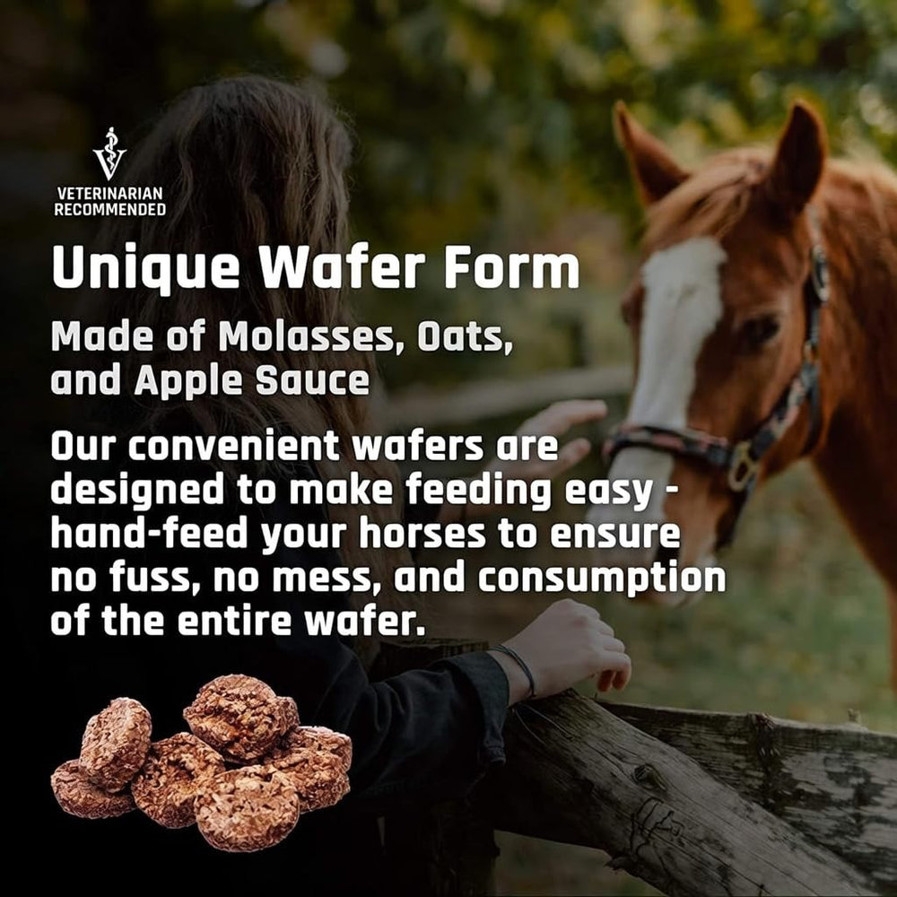Horse with a shiny coat beside Majesty's Omega Wafers packaging.