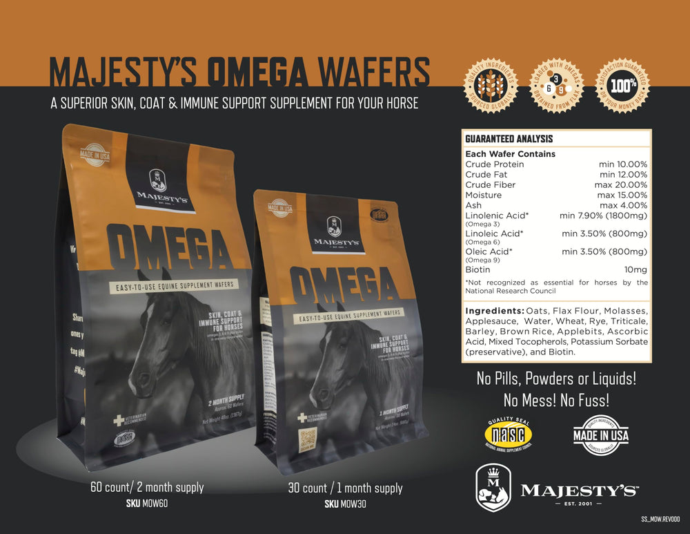 Horse happily eating Majesty's Omega Wafers as part of daily routine.