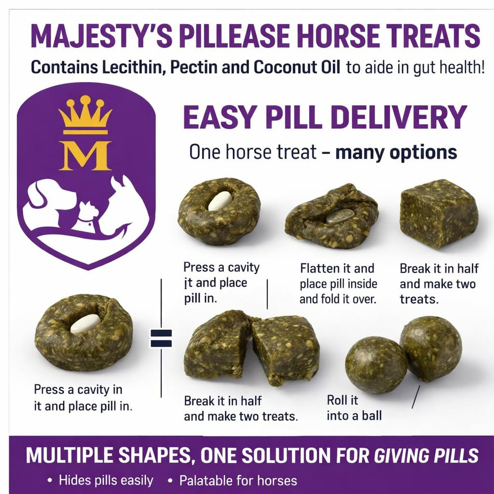 Horse enjoying Majesty's PillEase during medication routine.