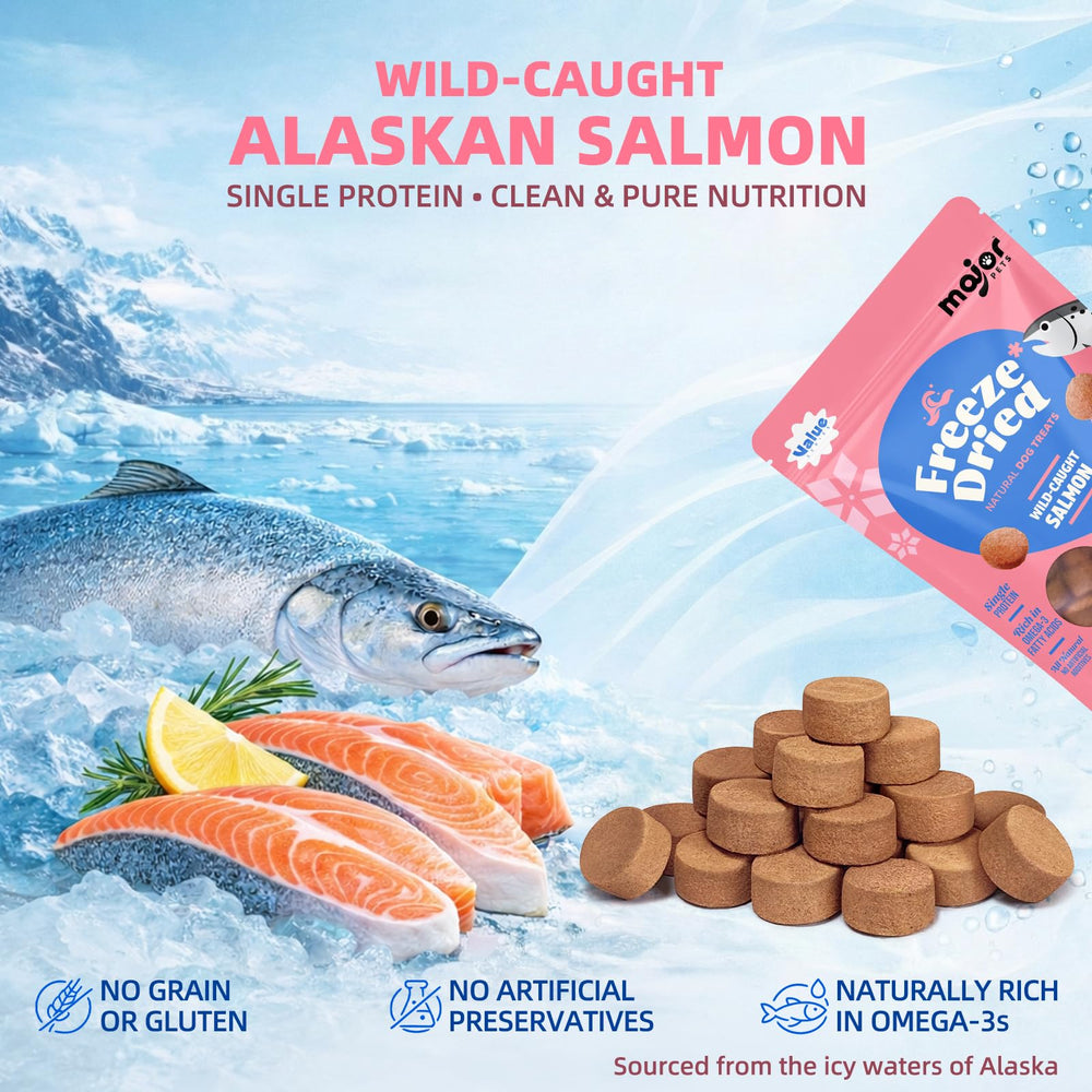 MAJOR PETS single-protein salmon treats for pure, simple nutrition in every bite.