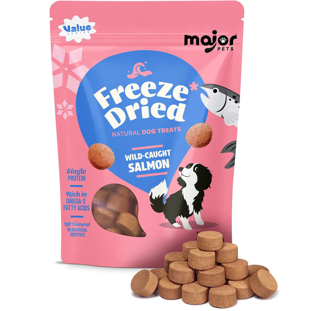 MAJOR PETS freeze-dried salmon medallions for dogs and cats, savory texture and easy portioning.