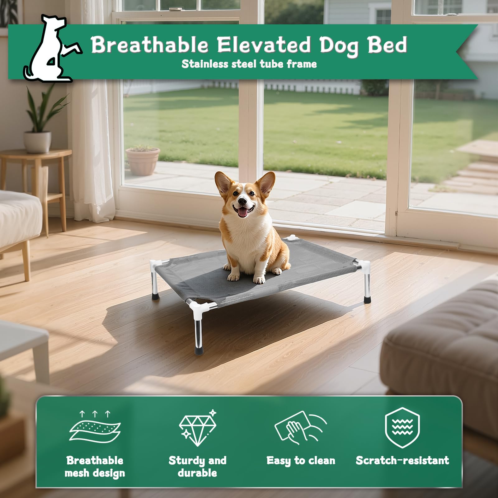 Makerfire dog bed shown indoors on a porch for versatile living.