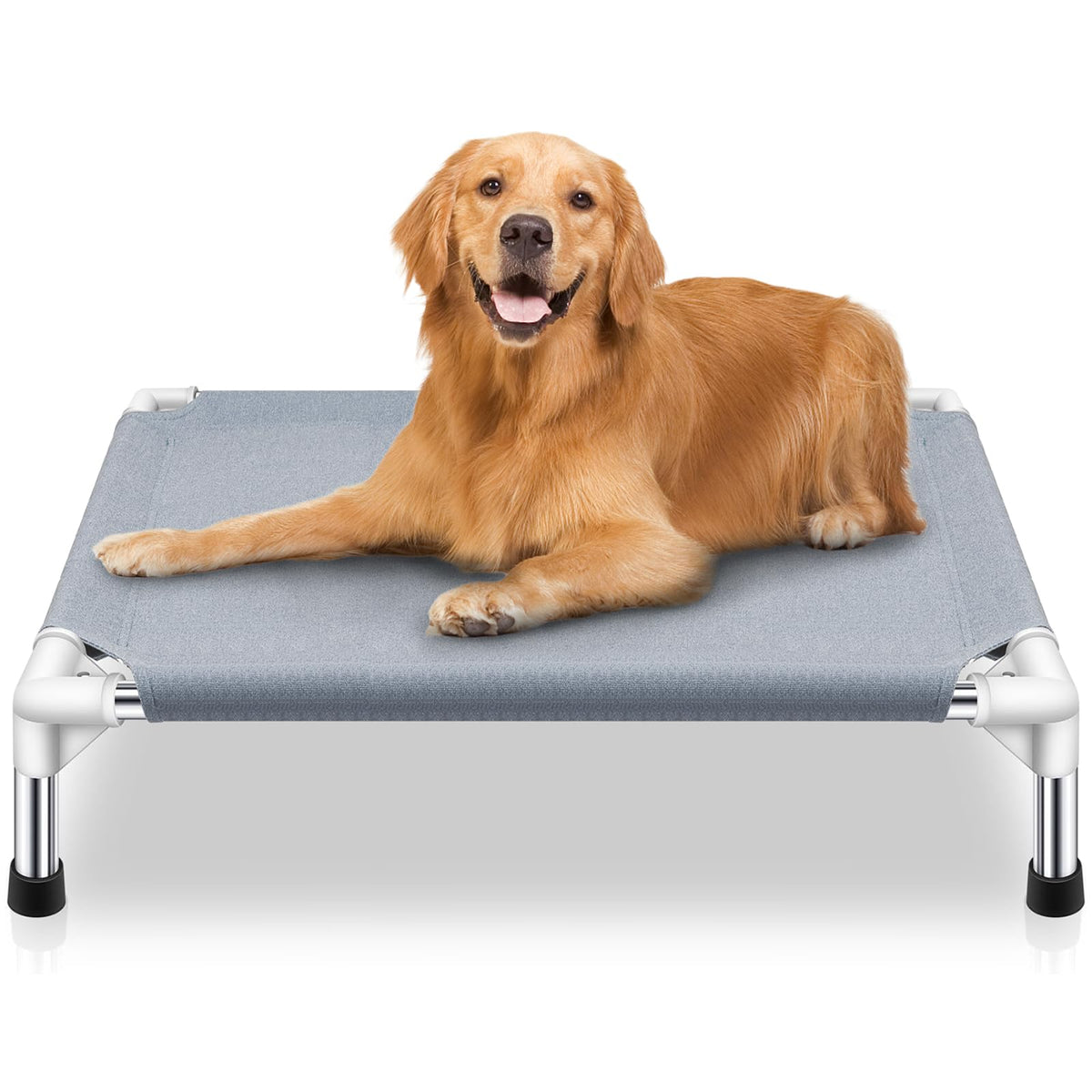 Makerfire elevated cooling dog bed side view showing stable outdoor setup and frame