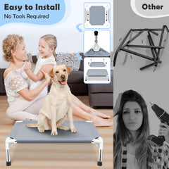 Makerfire elevated dog bed on patio demonstrating breathable fabric and height