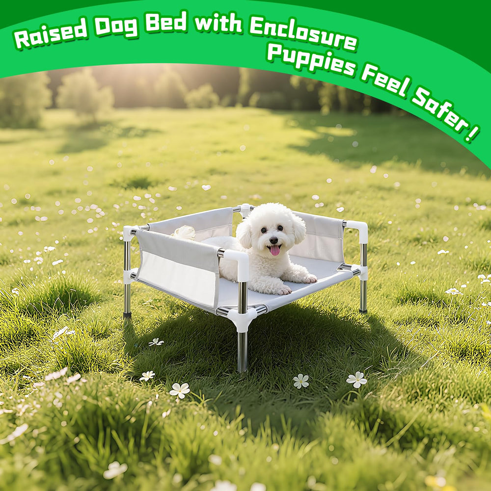 Makerfire Elevated Dog Bed shows stainless steel frame for durable support.