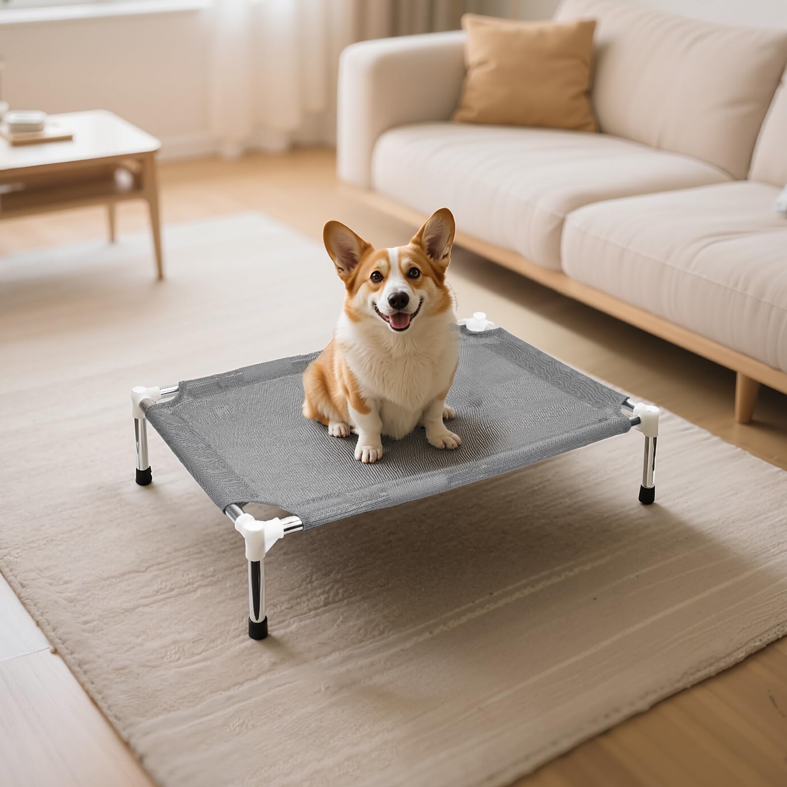 Makerfire outdoor elevated dog bed with breathable mesh for cooling comfort.