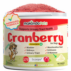 Makondo Pets cranberry powder in a jar for daily urinary support.