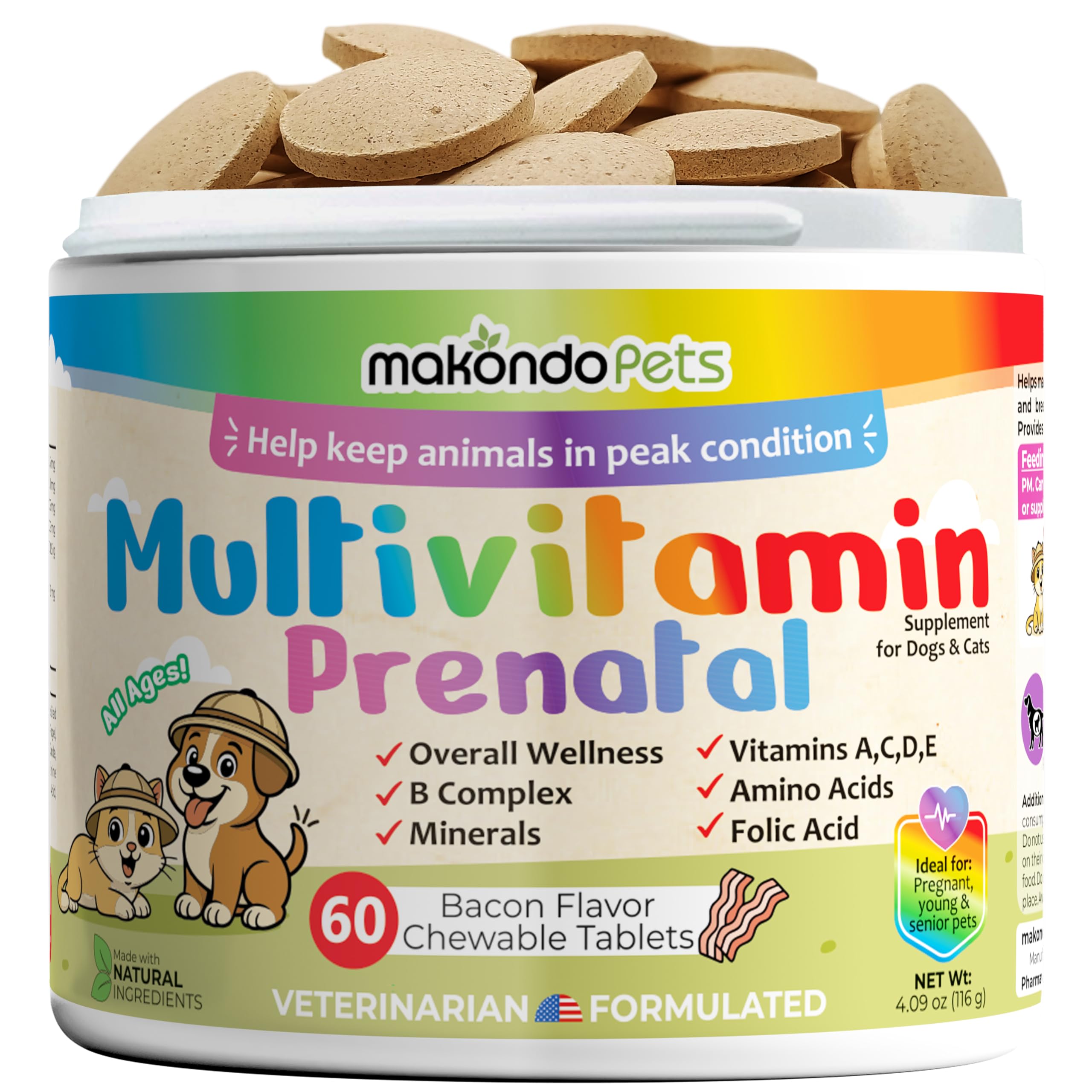 Makondo Pets dog prenatal vitamins bottle on counter for expectant and growing puppies