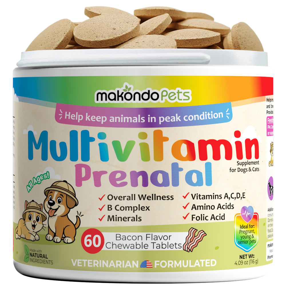 Makondo Pets dog prenatal vitamins bottle on counter for expectant and growing puppies