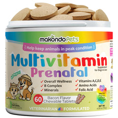 Makondo Pets dog prenatal vitamins bottle on counter for expectant and growing puppies