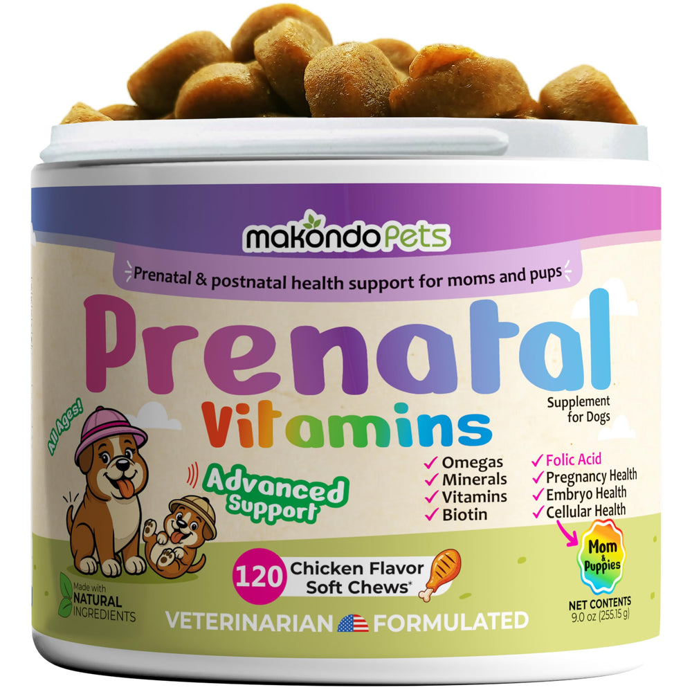 Makondo Pets dog prenatal vitamins soft chews in bottle for maternal health and puppy growth