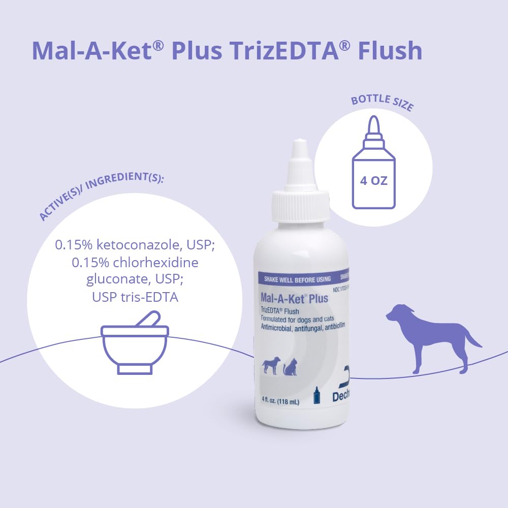 Mal-A-Ket Plus TrizEDTA Flush pour bottle enables precise ear application for pets.