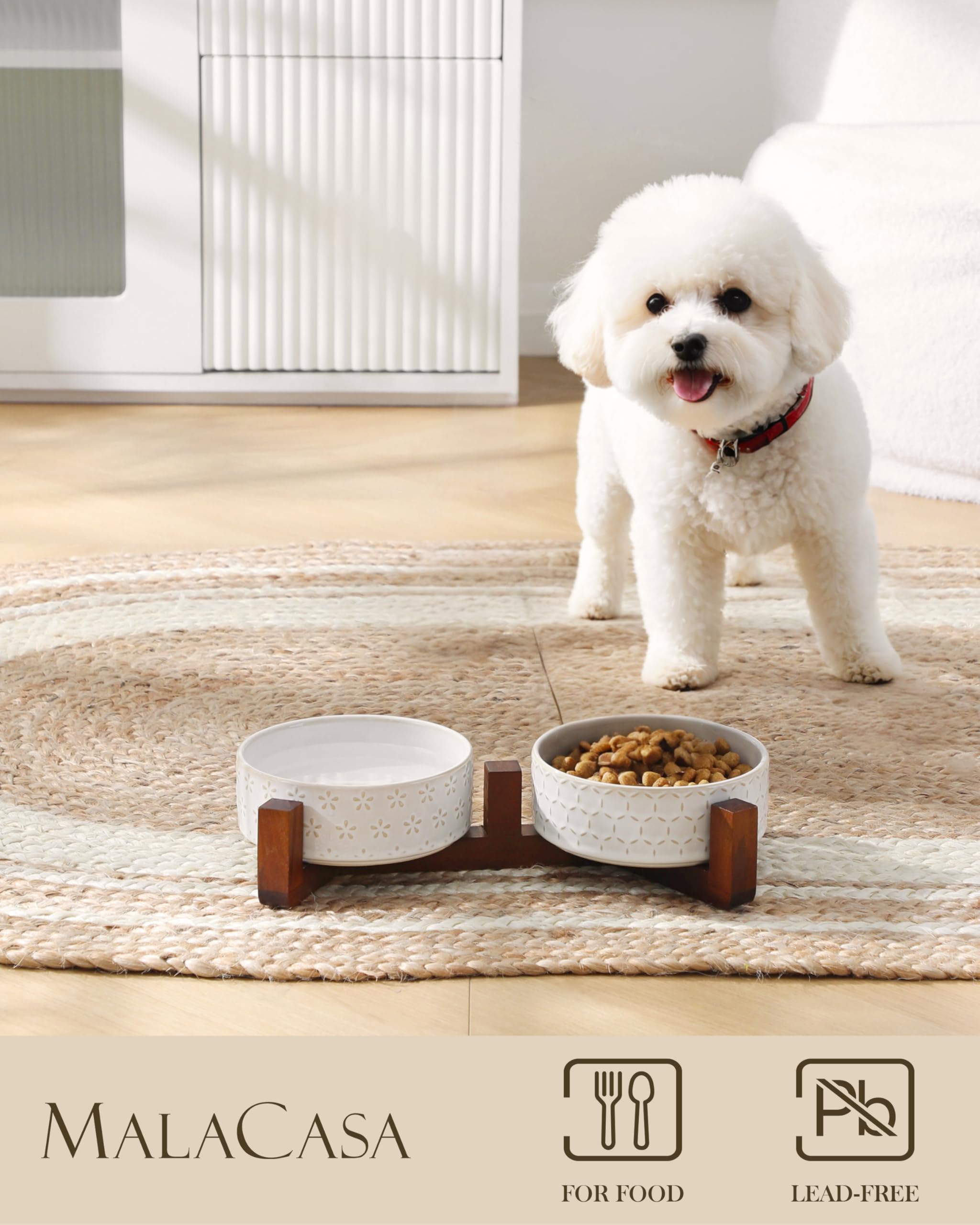 MALACASA bowls on a raised wood stand; stable and spill-resistant.