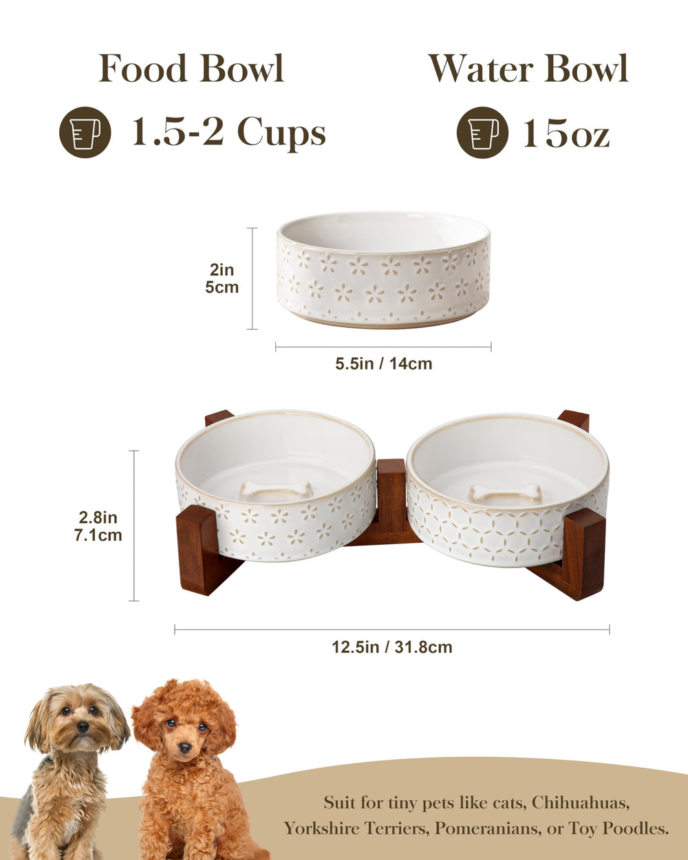 MALACASA ceramic bowls (1.5 cups) ideal for daily feeding and hydration.