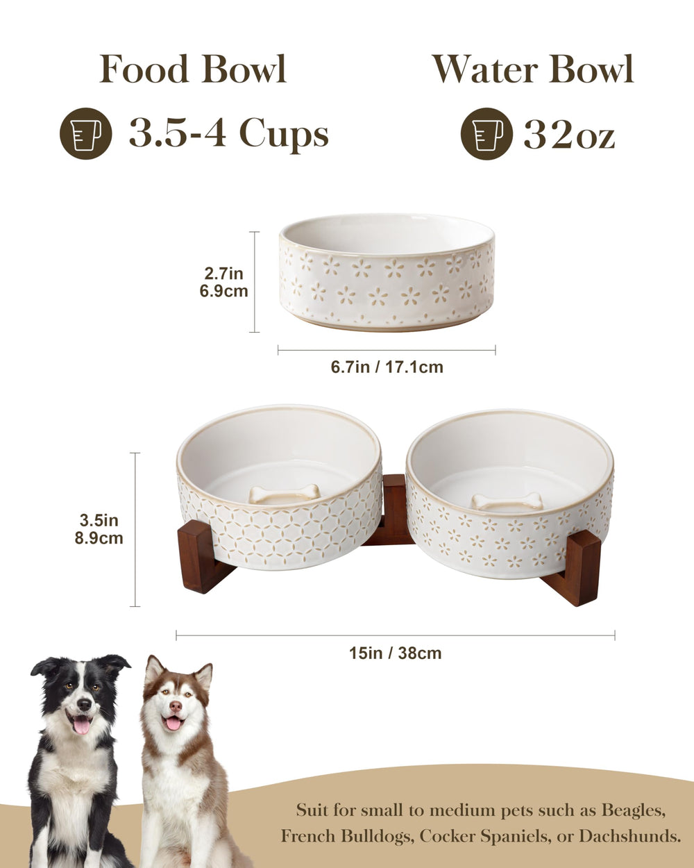 MALACASA ceramic pet bowls with 3.5-cup capacity for organized meals and easy cleaning