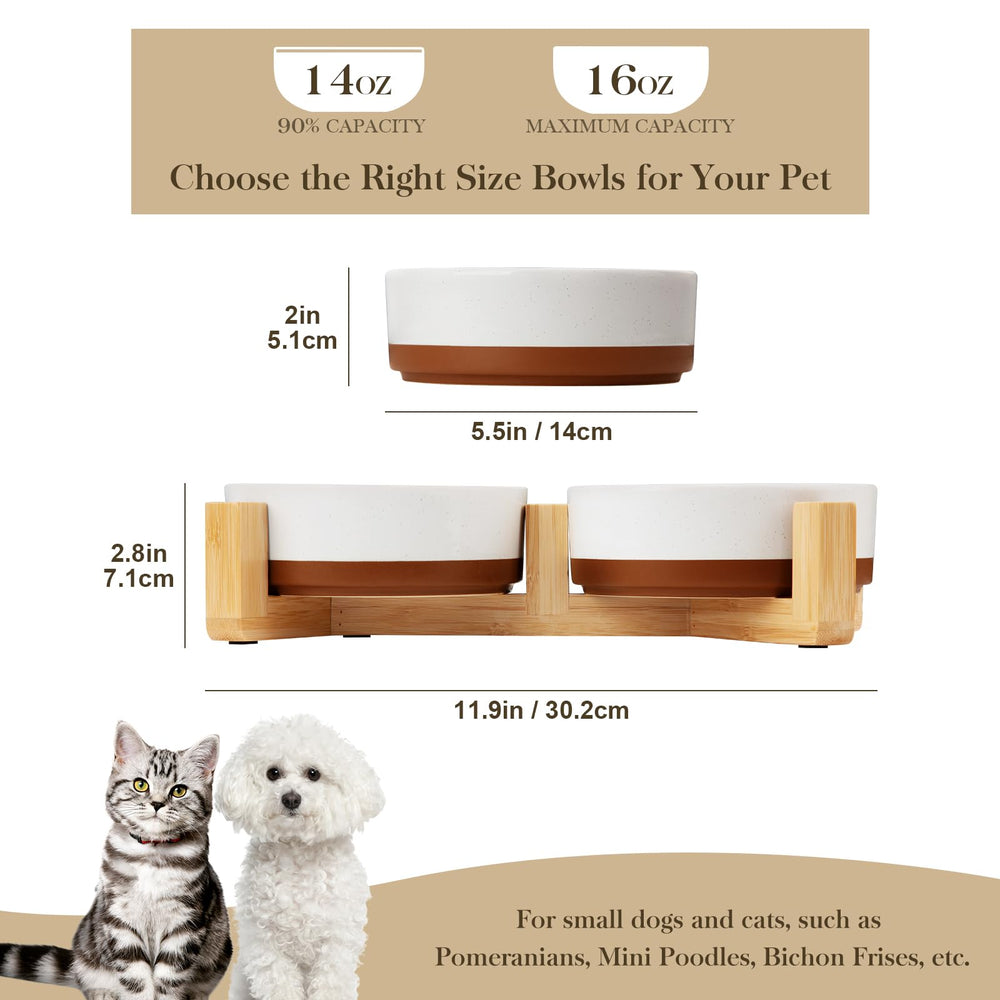 MALACASA ceramic dog bowls with wood stand front view, stable and stylish