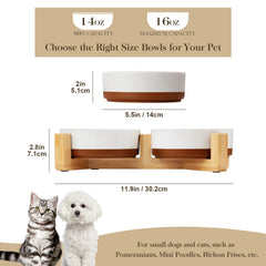 MALACASA ceramic dog bowls with wood stand front view, stable and stylish
