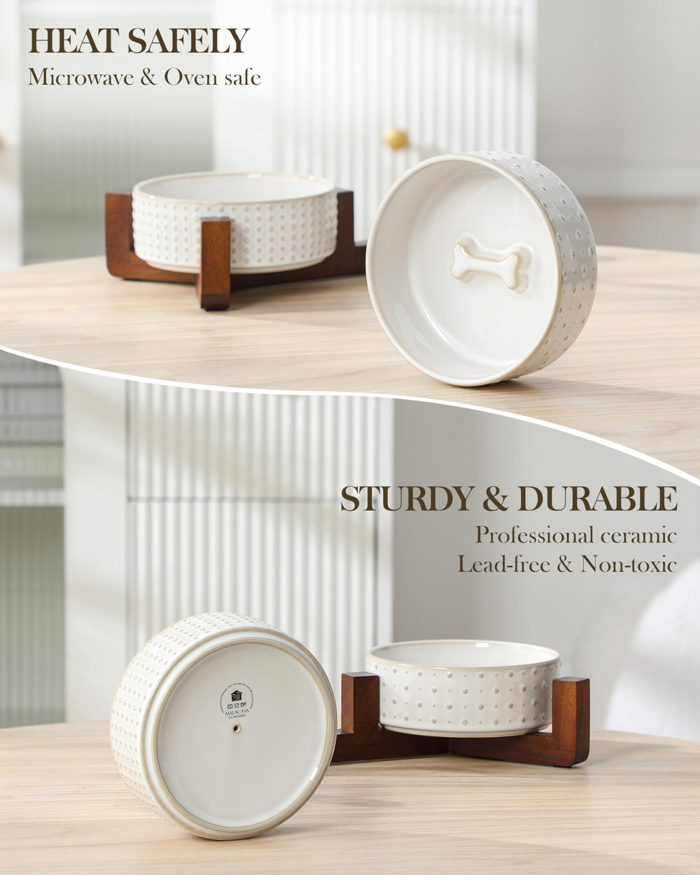Rhombic and polka dot textures with walnut stand fit a stylish dining area