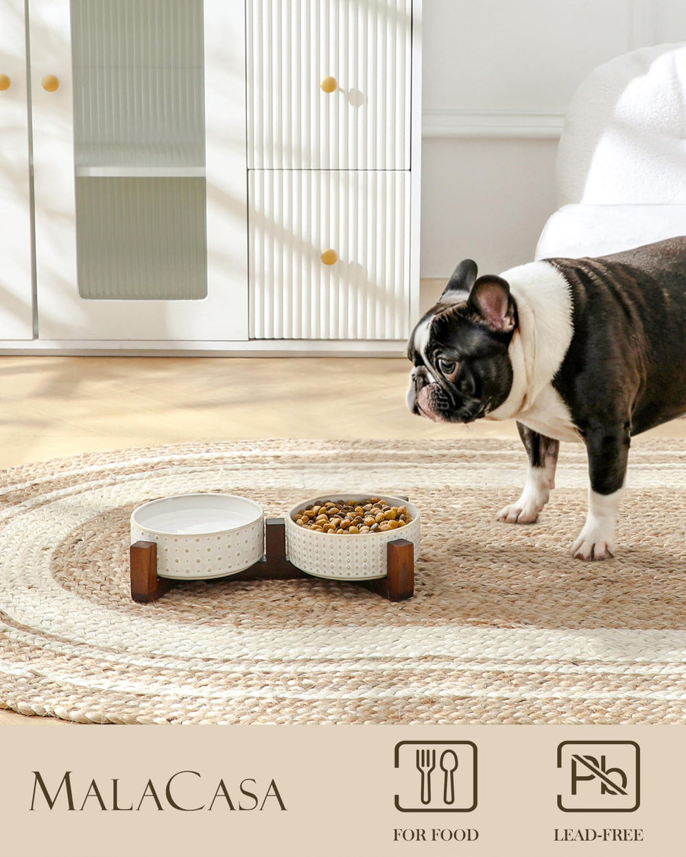 Elevated wooden stand helps reduce tipping during meals for lively pets