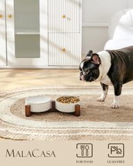 Elevated wooden stand helps reduce tipping during meals for lively pets