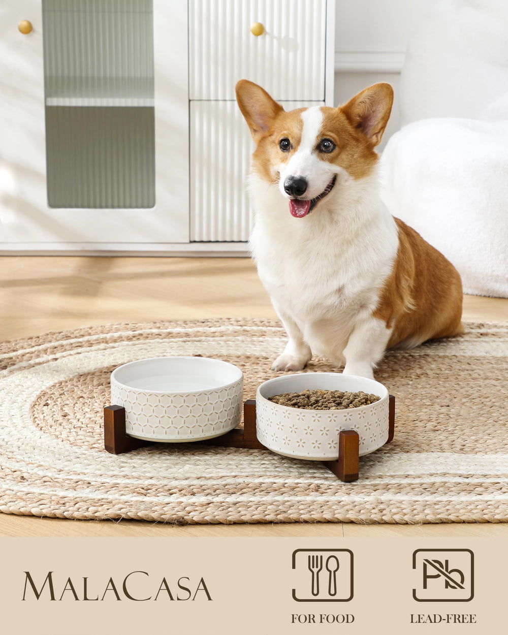 Walnut-wood stand with non-slip base secures bowls during lively mealtimes
