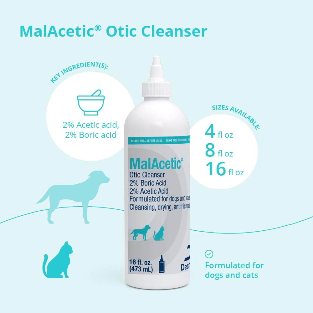 Bottle of MalAcetic Otic Cleanser with apple fragrance for pleasant use
