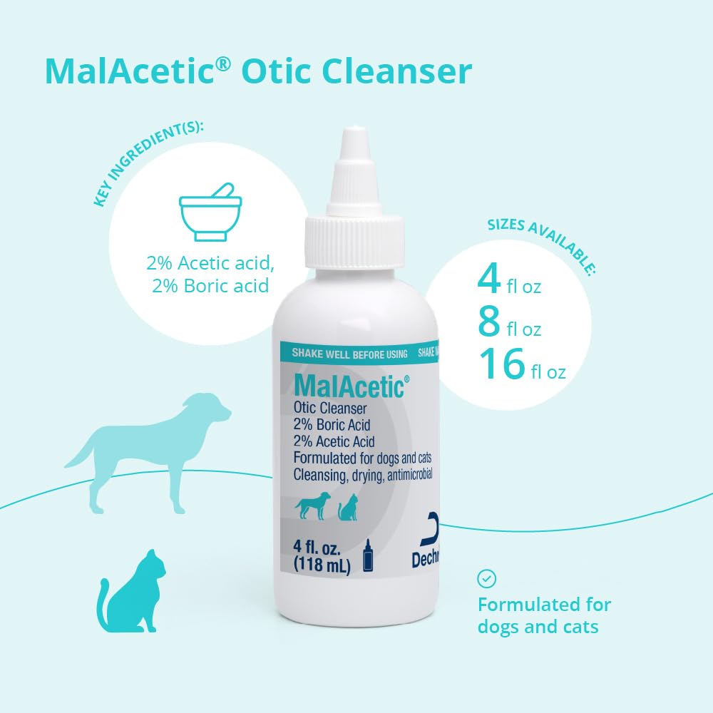 MalAcetic Otic cleanser ear-application context showing gentle drops.