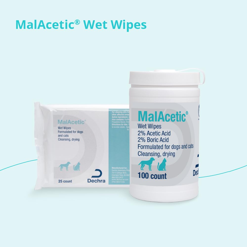 Close-up of MalAcetic Wet Wipes being used on a pet's skin.