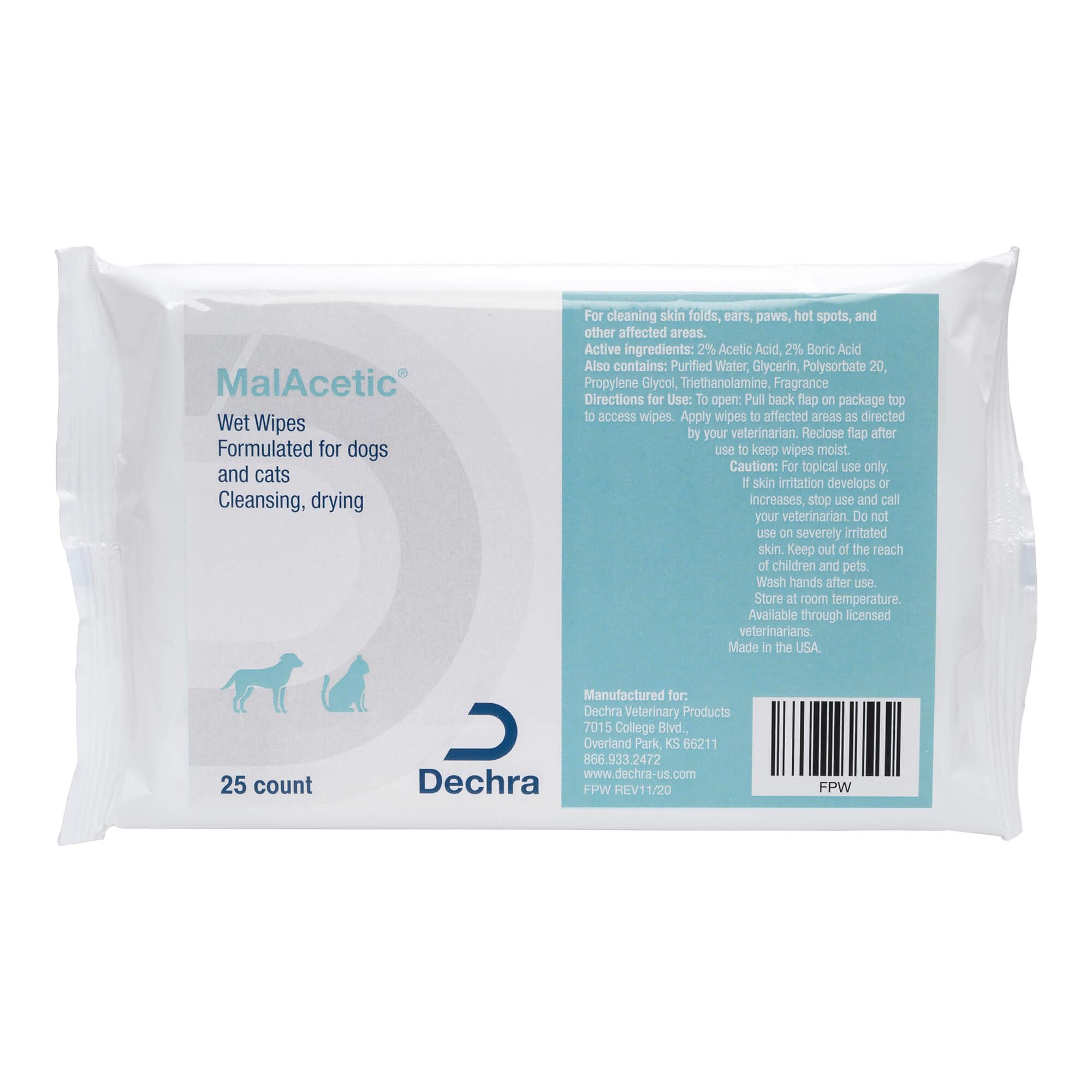 MalAcetic Wet Wipes 25-count pack for dogs and cats, medicated skin care.