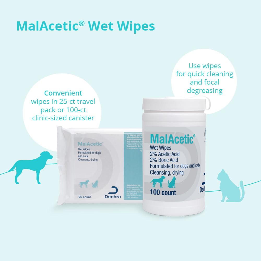 MalAcetic Wet Wipes in use on a dog’s chin area for soothing care.