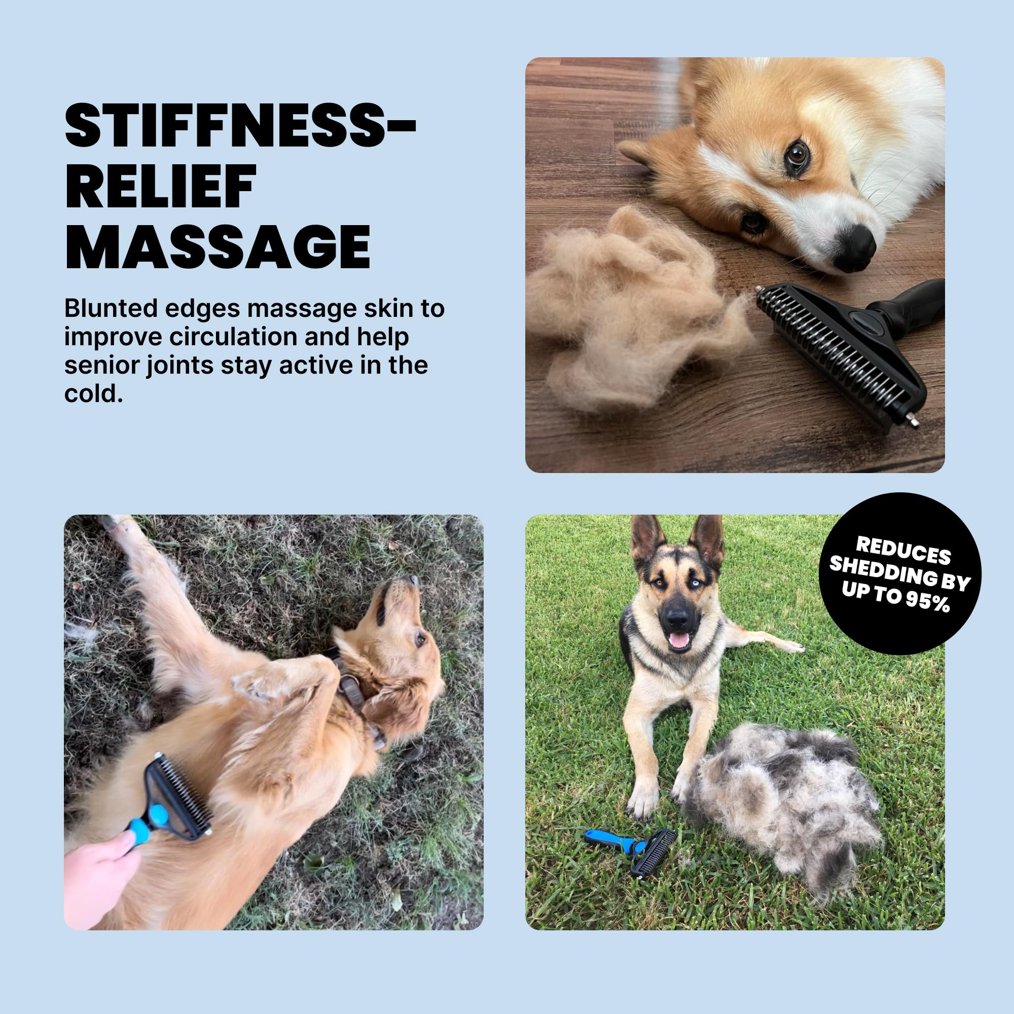 MalsiPree dog brush in action on shedding dog blue shows fur removal