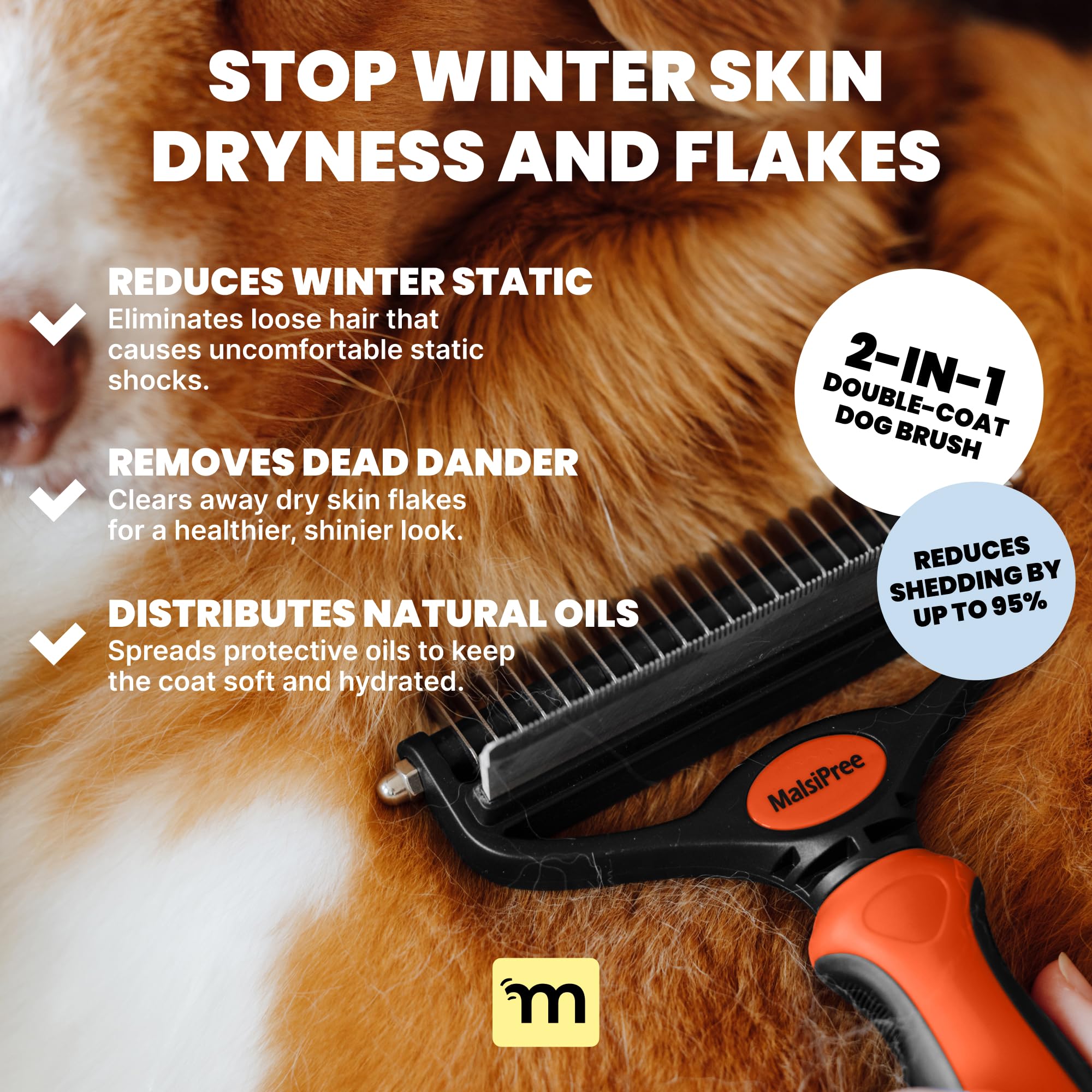 MalsiPree dog brush large orange gentle dematting comb for comfort.