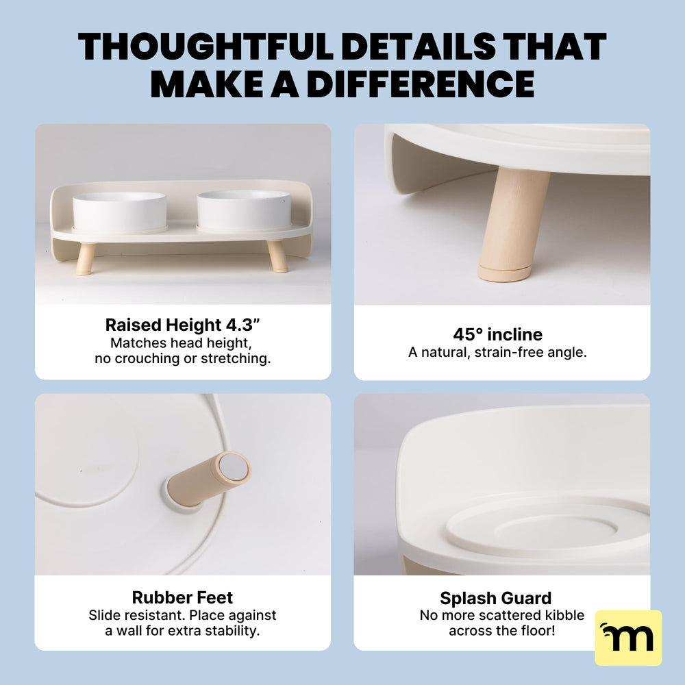 MalsiPree wall-friendly stand helps secure bowls during meals.