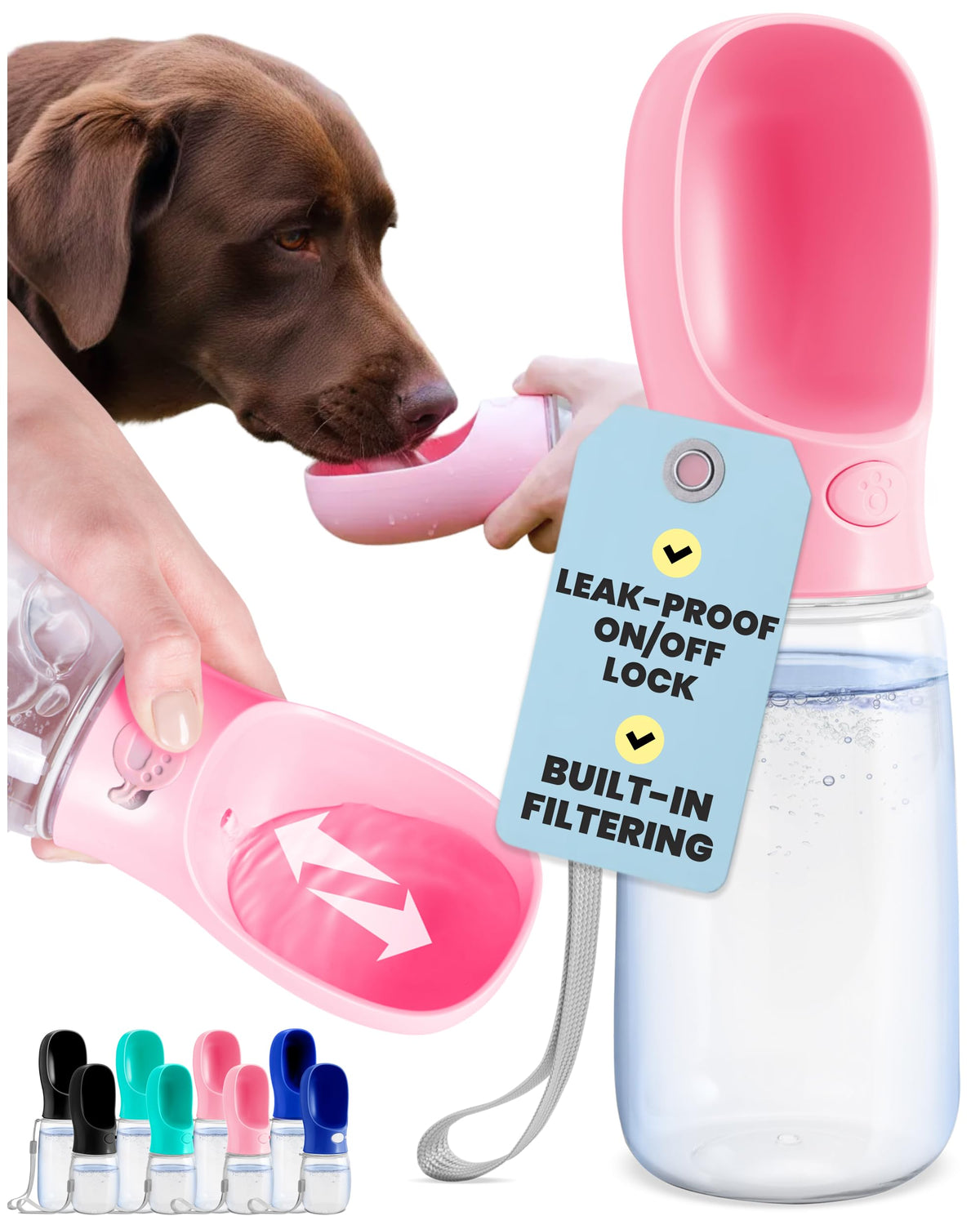 MalsiPree leak-proof bottle with pink bowl for spill-free hydration on walks