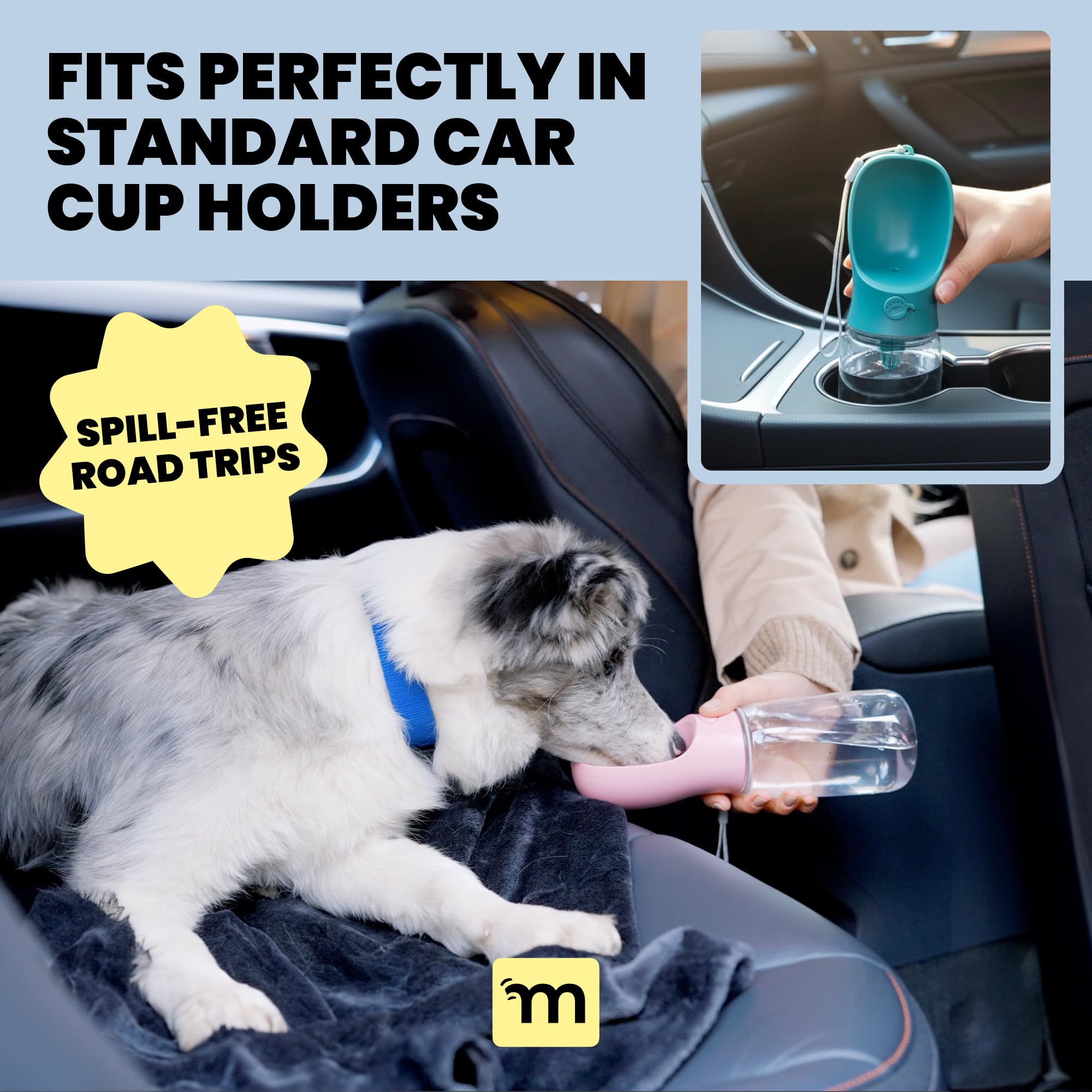 MalsiPree twelve-ounce dog bottle fits compact travel kits.