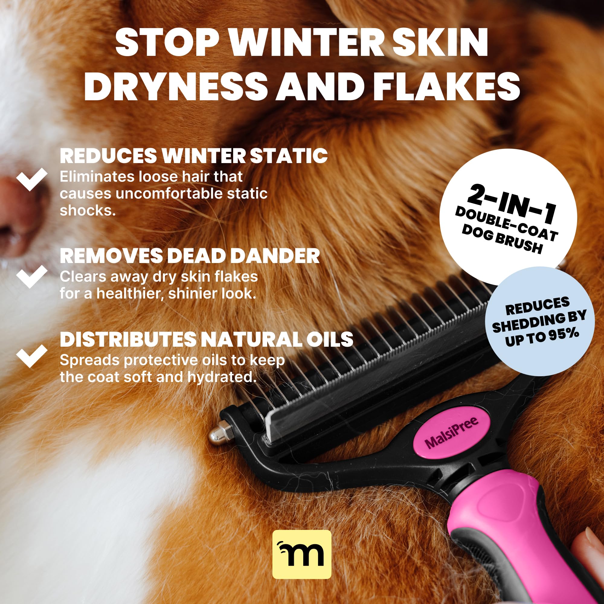 MalsiPree undercoat rake in pink detangles thick coats during grooming.