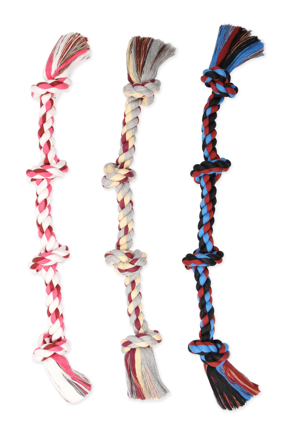 Mammoth Flossy Chews Color Rope Tug shows sturdy knots for durability.