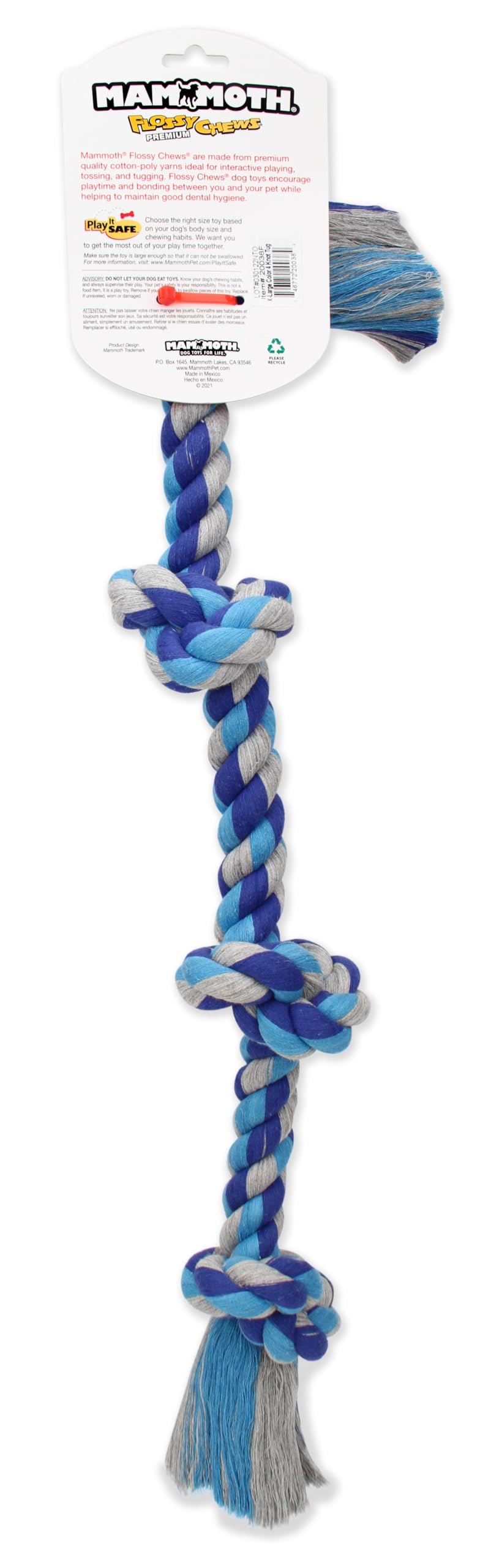 Mammoth Flossy Chews Color Rope Tug made with premium cottonblend yarns.