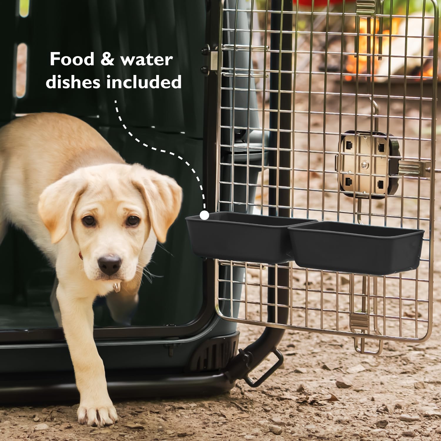 Mammoth Guardian Kennel interior with dishes, built-in nourishment on adventures.