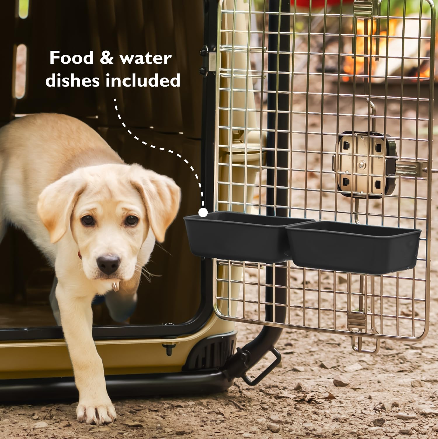 Mammoth Guardian Kennel with built-in dishes keeps your dog refreshed.
